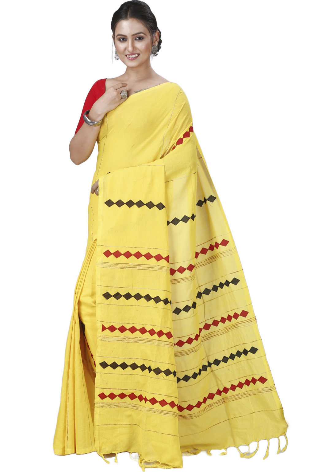 Yellow Pure Cotton Tika Applique Saree (1244)