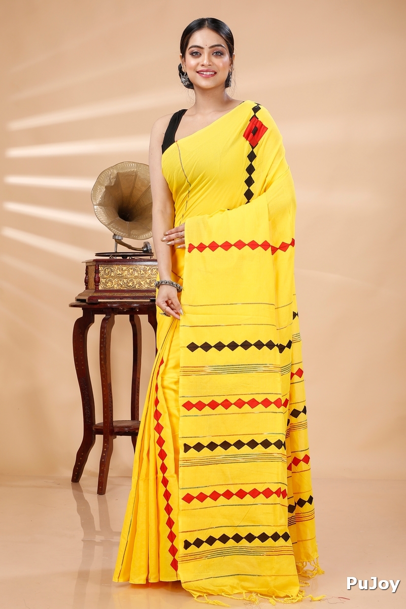 Yellow Pure Cotton Tika Applique Saree (1244)