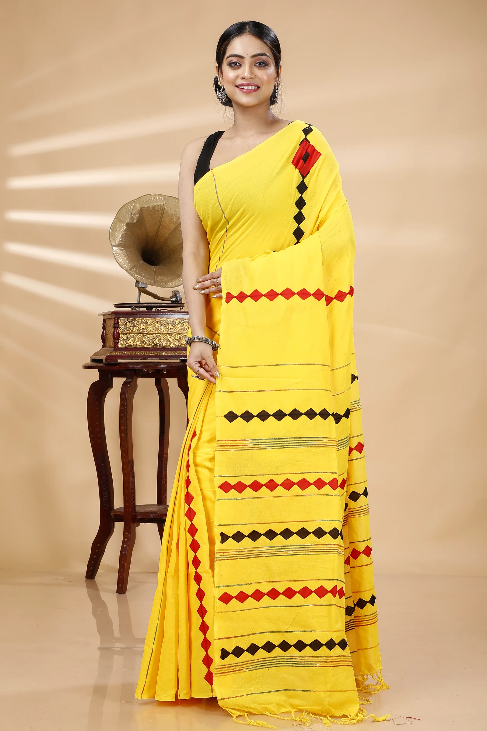 Yellow Pure Cotton Tika Applique Saree (1244)