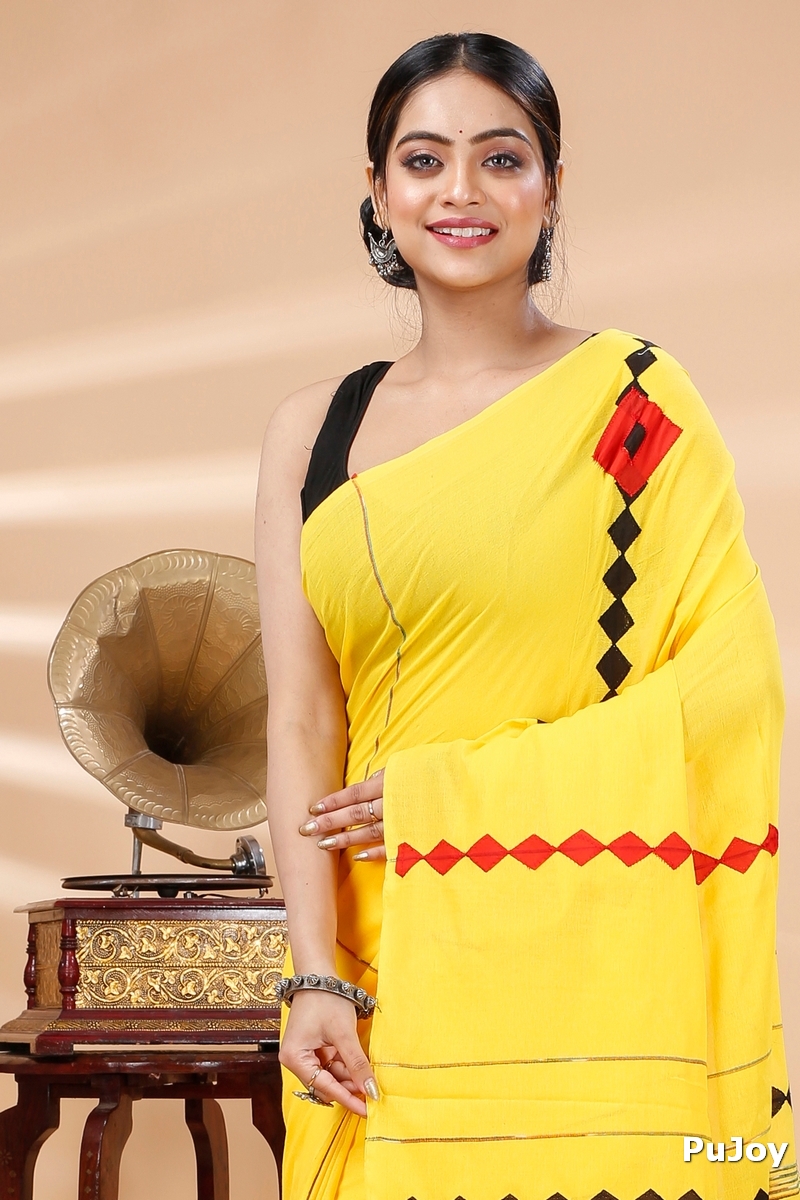 Yellow Pure Cotton Tika Applique Saree (1244)