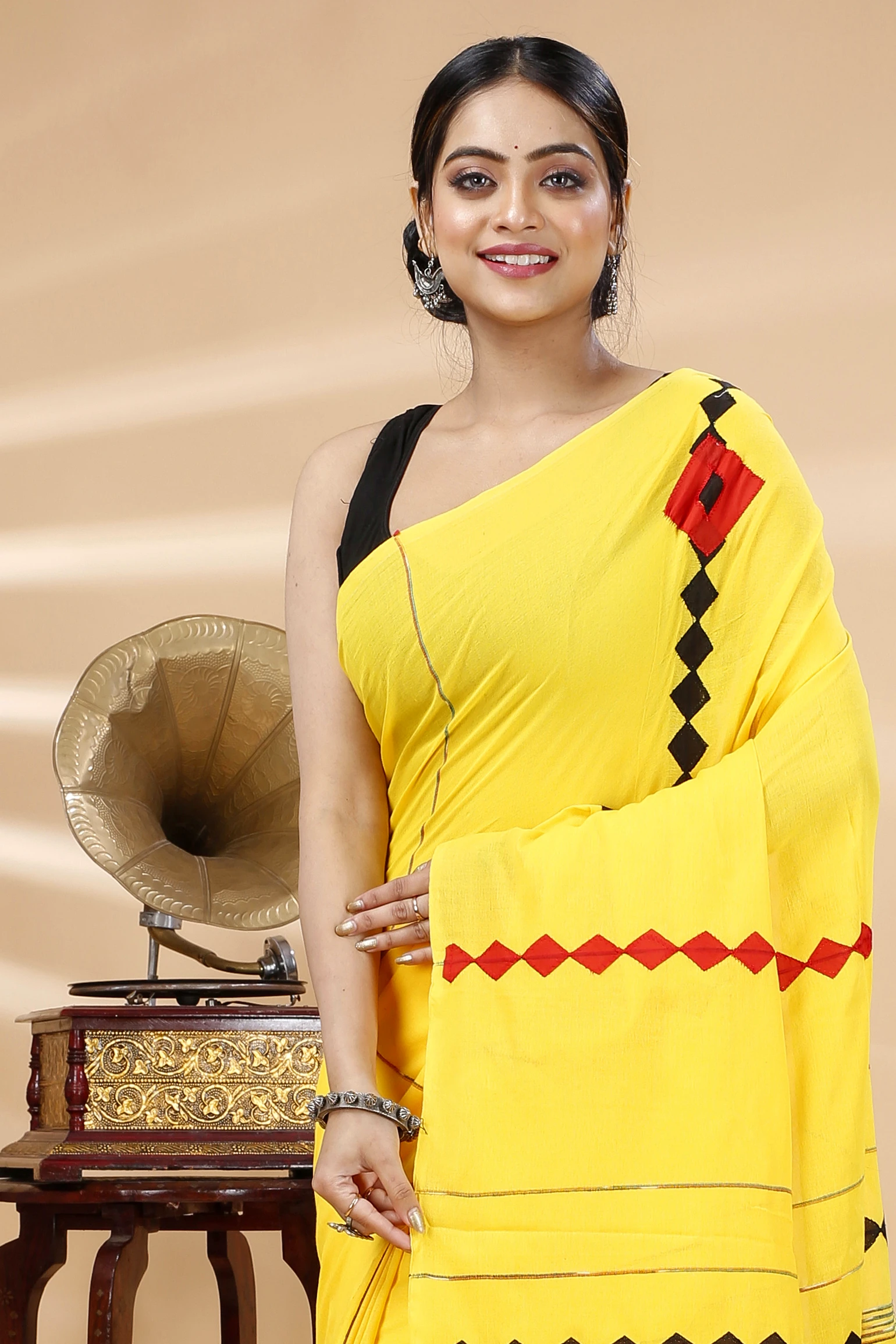 Yellow Pure Cotton Tika Applique Saree (1244)