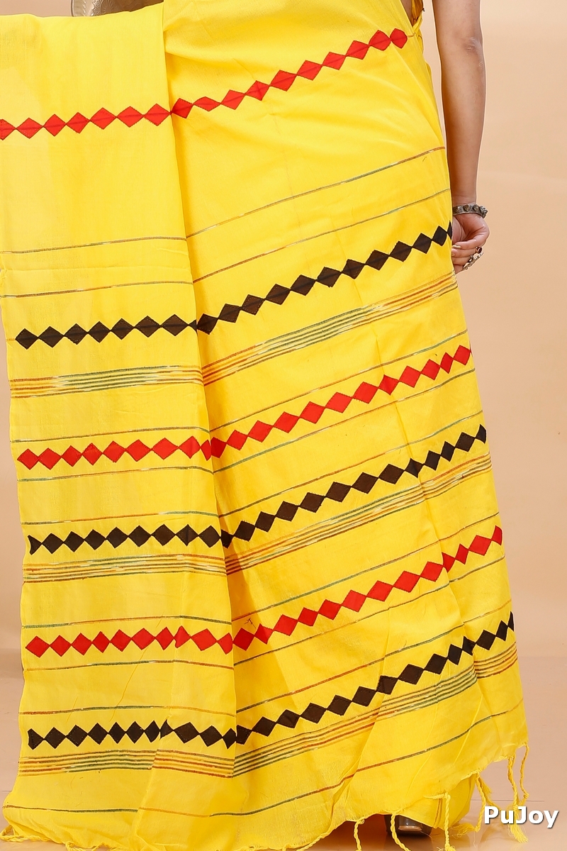 Yellow Pure Cotton Tika Applique Saree (1244)