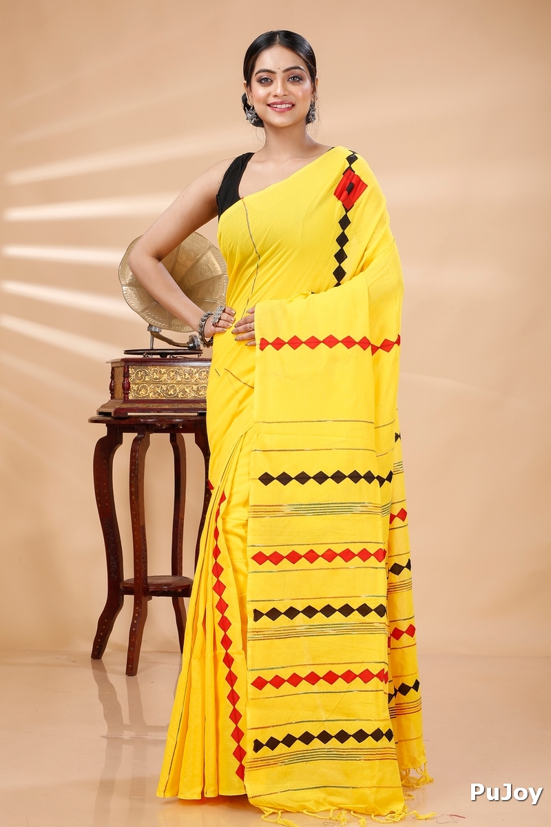Yellow Pure Cotton Tika Applique Saree (1244)