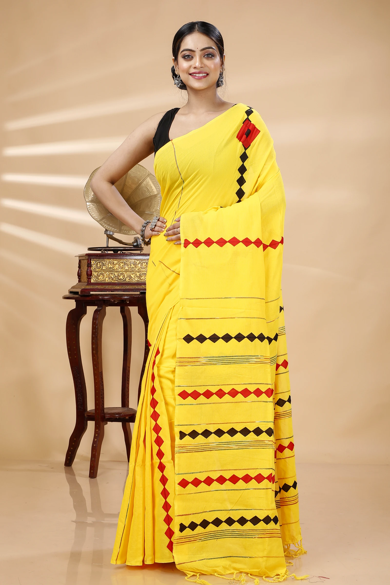 Yellow Pure Cotton Tika Applique Saree (1244)