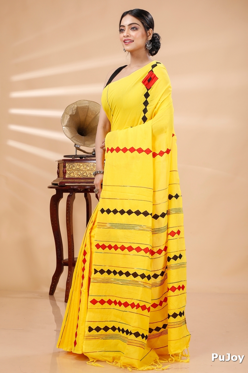 Yellow Pure Cotton Tika Applique Saree (1244)