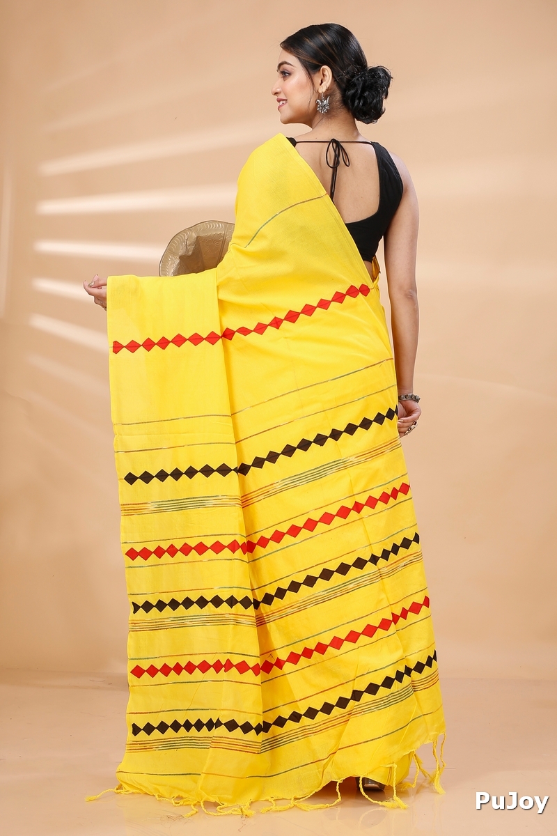 Yellow Pure Cotton Tika Applique Saree (1244)
