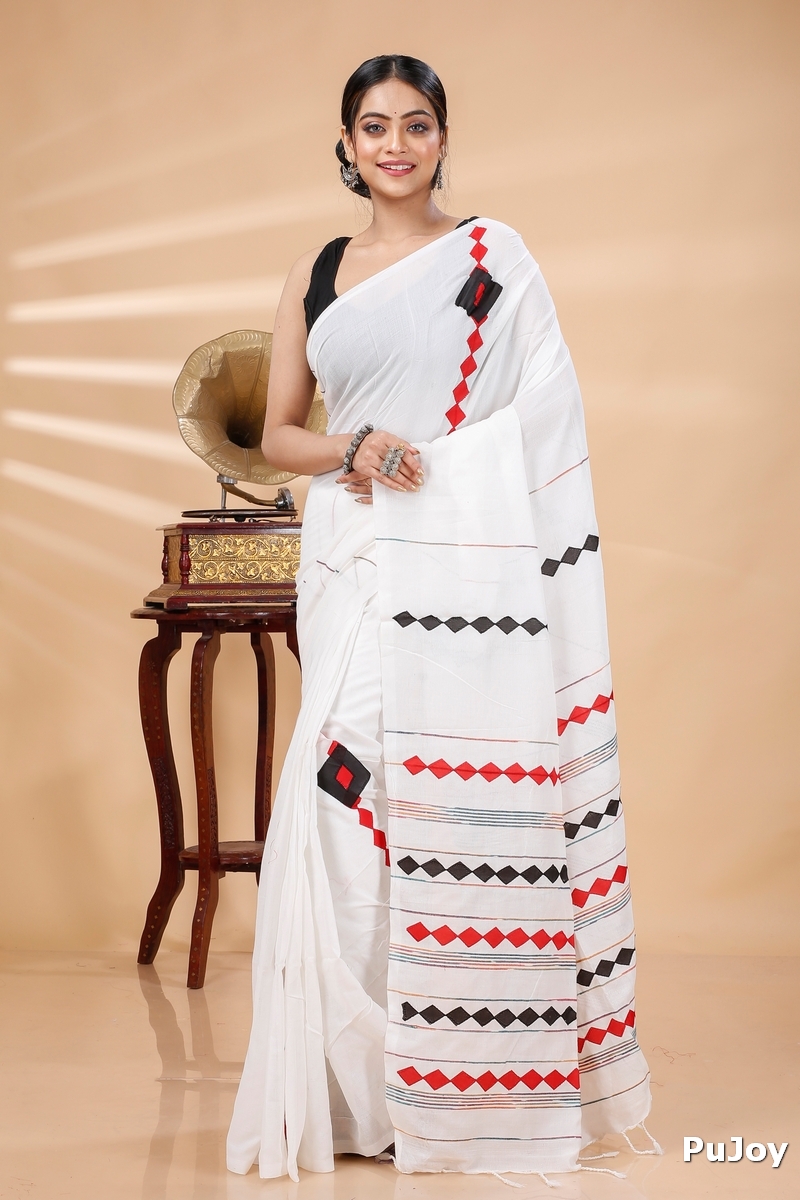 White Pure Cotton Tika Applique Saree (1245)