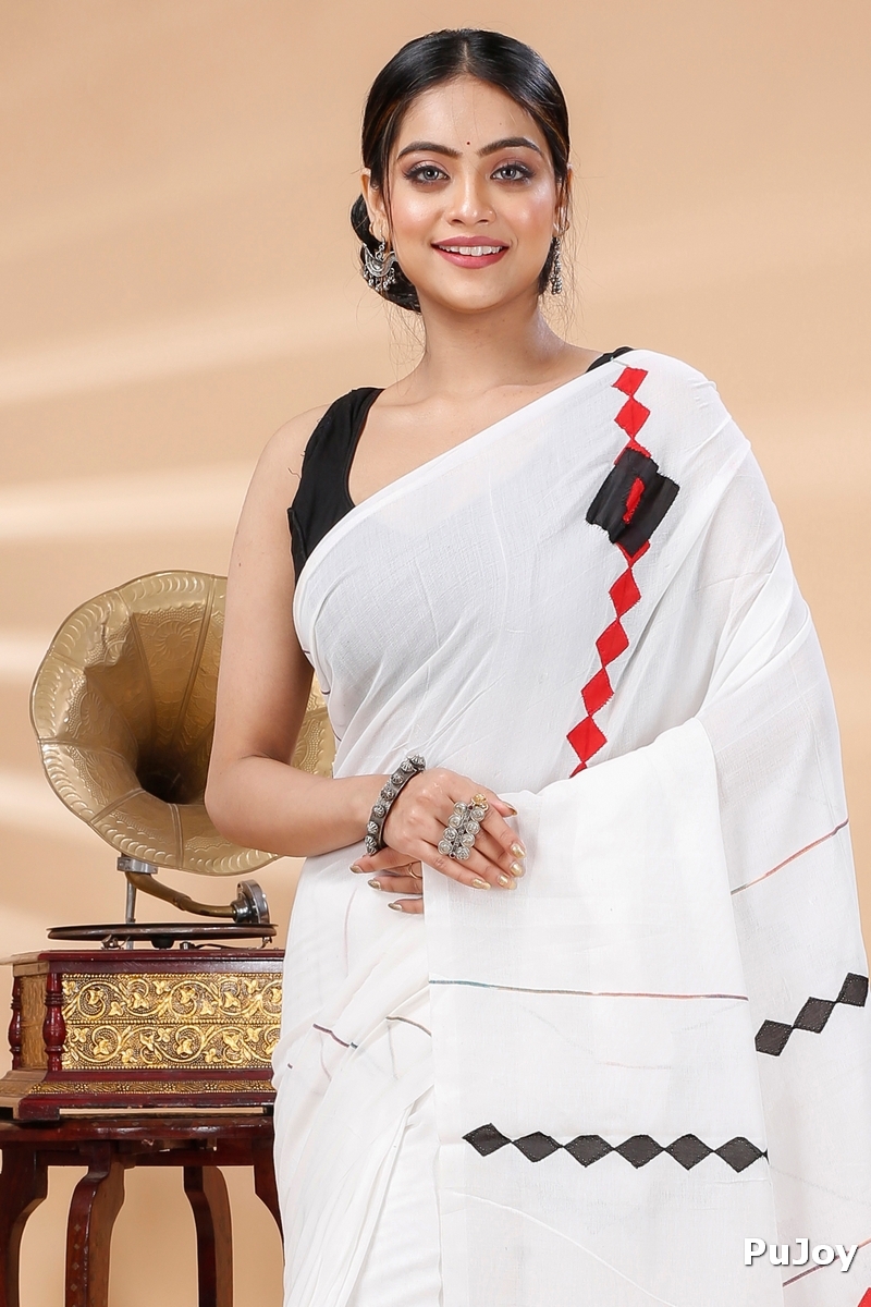 White Pure Cotton Tika Applique Saree (1245)