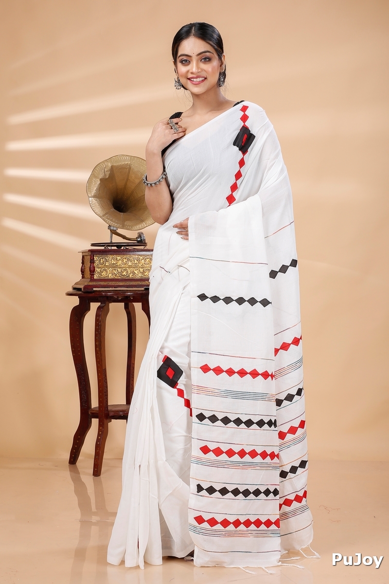 White Pure Cotton Tika Applique Saree (1245)