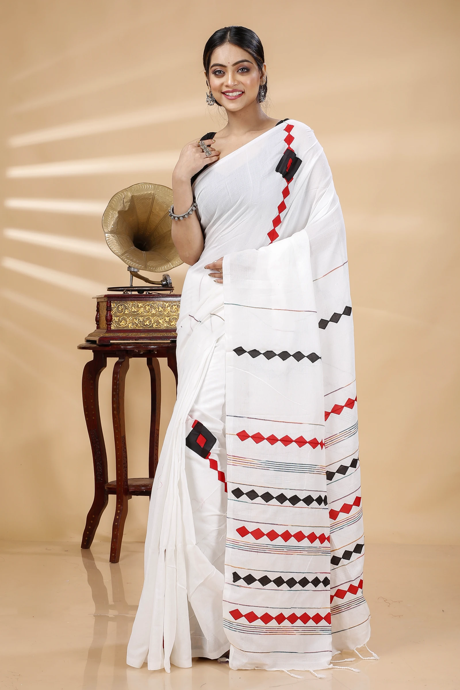 White Pure Cotton Tika Applique Saree (1245)