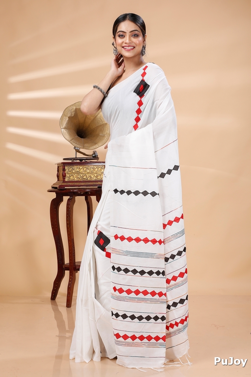 White Pure Cotton Tika Applique Saree (1245)