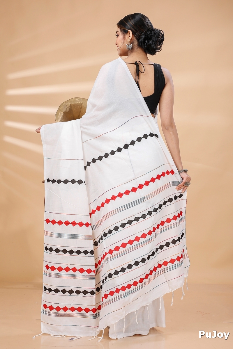 White Pure Cotton Tika Applique Saree (1245)