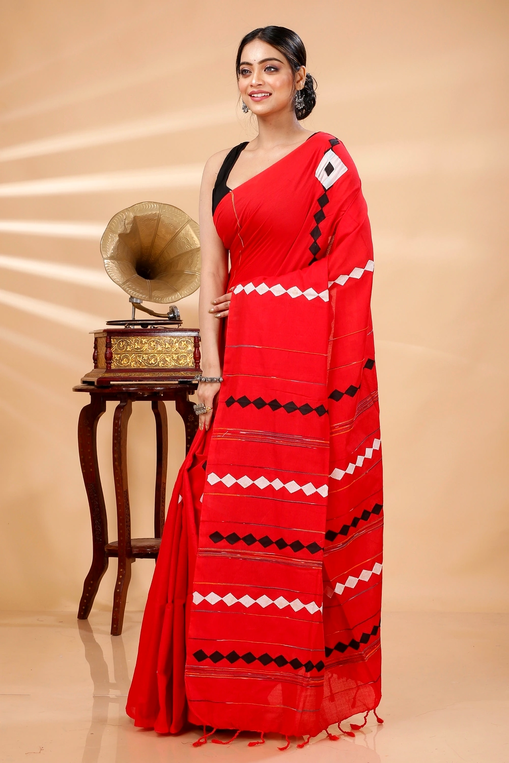 Red Pure Cotton Tika Applique Saree (1247)