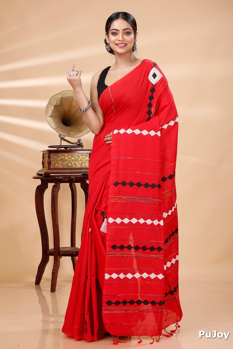 Red Pure Cotton Tika Applique Saree (1247)
