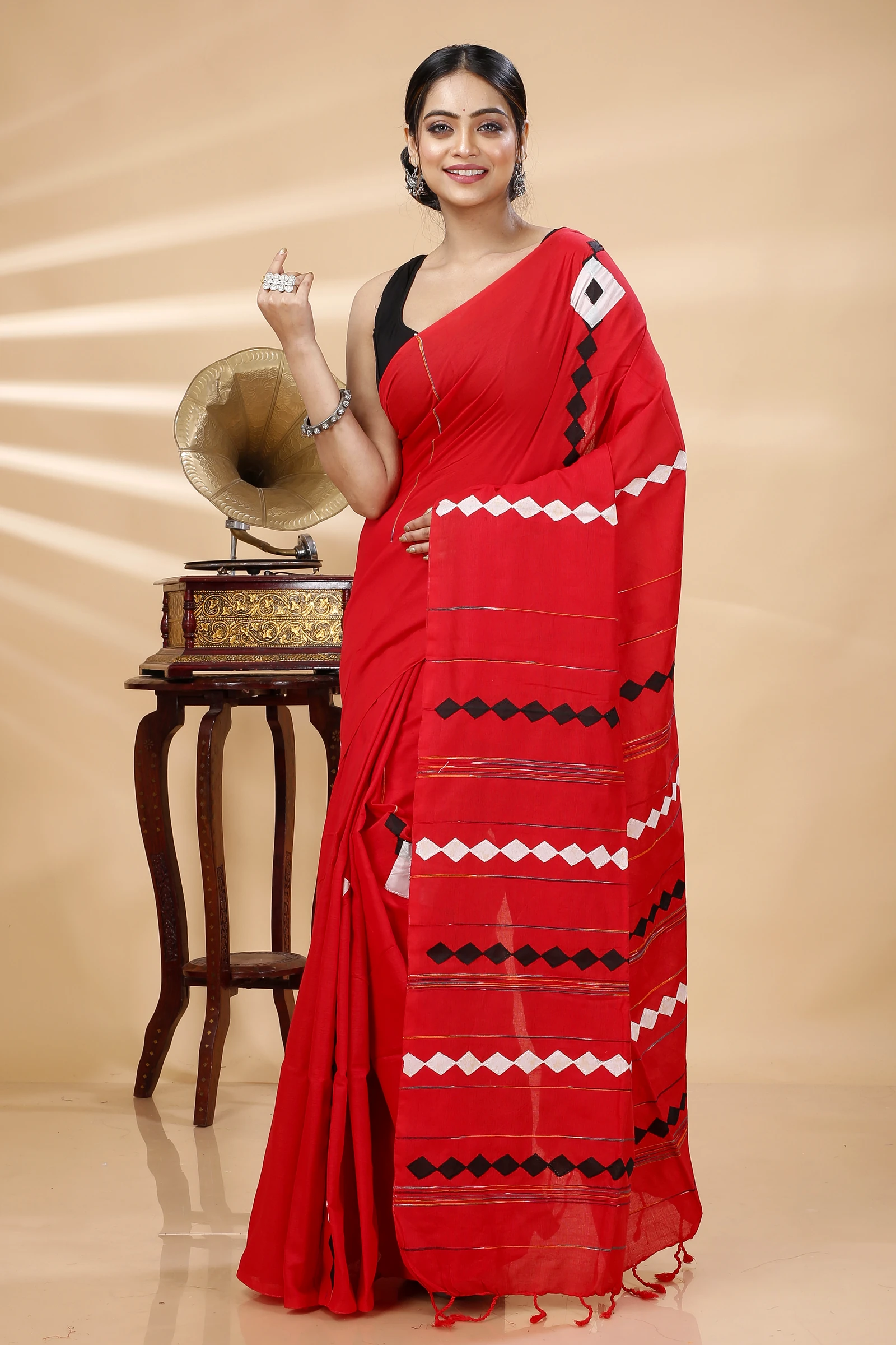 Red Pure Cotton Tika Applique Saree (1247)