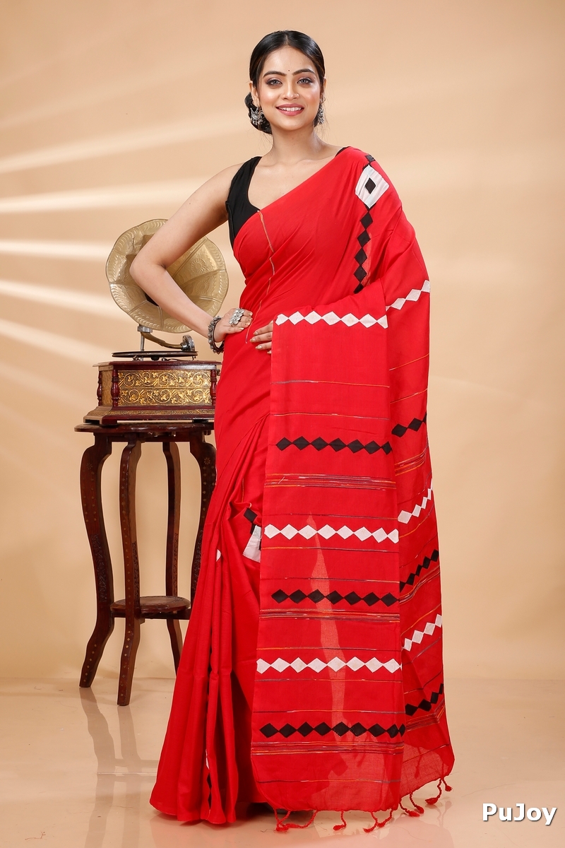 Red Pure Cotton Tika Applique Saree (1247)