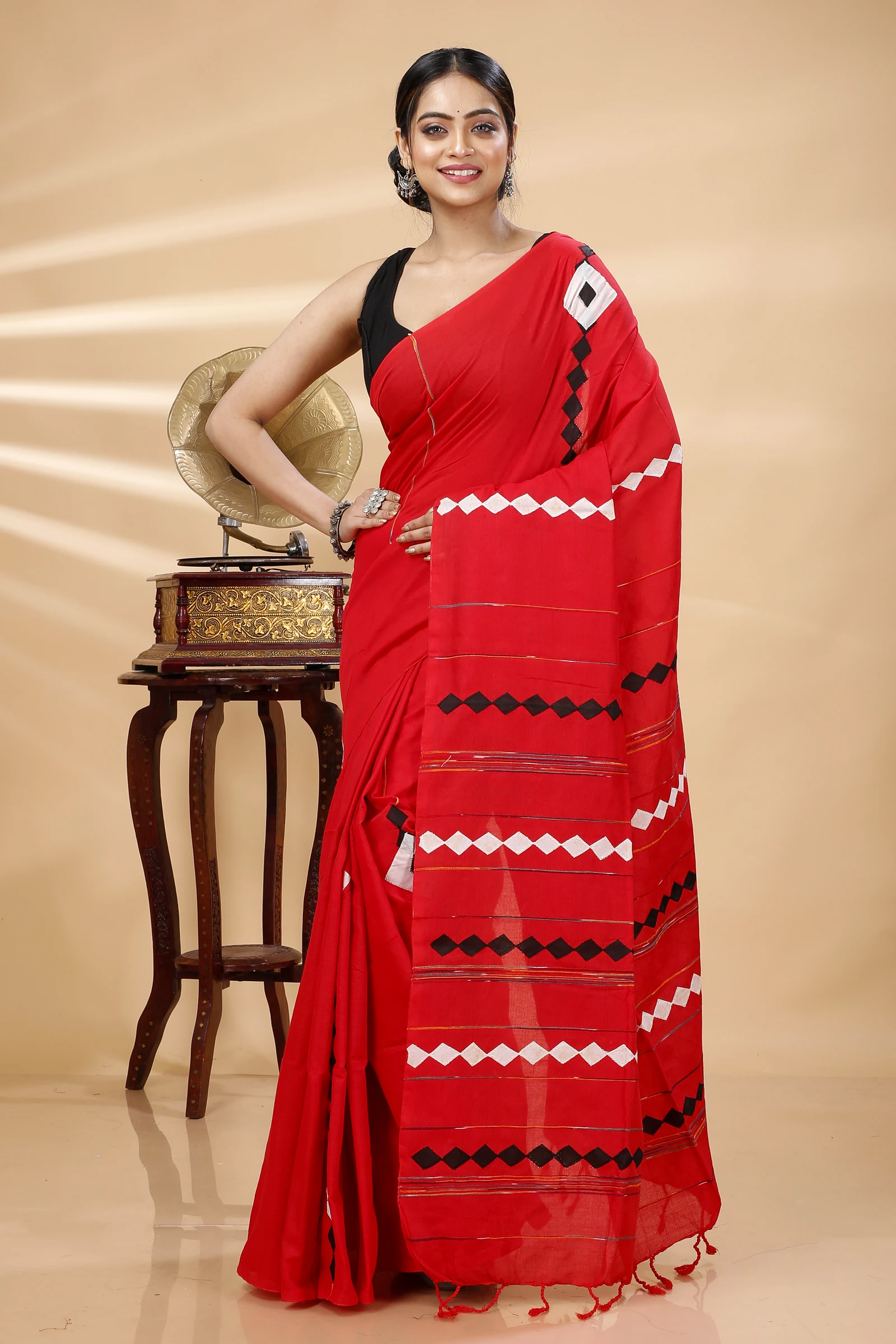 Red Pure Cotton Tika Applique Saree (1247)