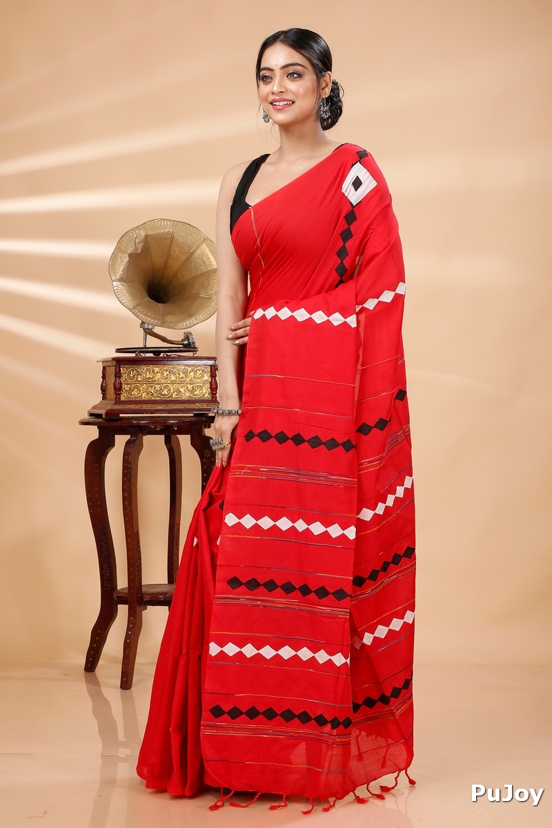 Red Pure Cotton Tika Applique Saree (1247)