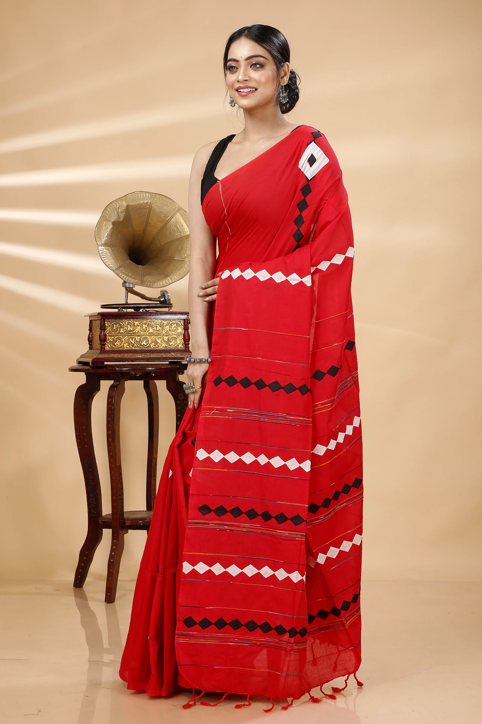Red Pure Cotton Tika Applique Saree (1247)