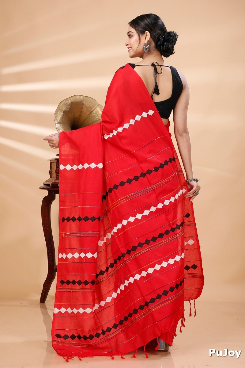 Red Pure Cotton Tika Applique Saree (1247)