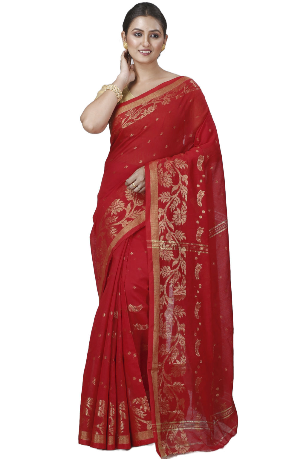 Red Blended Cotton Turik Hand Loom Saree (1248)