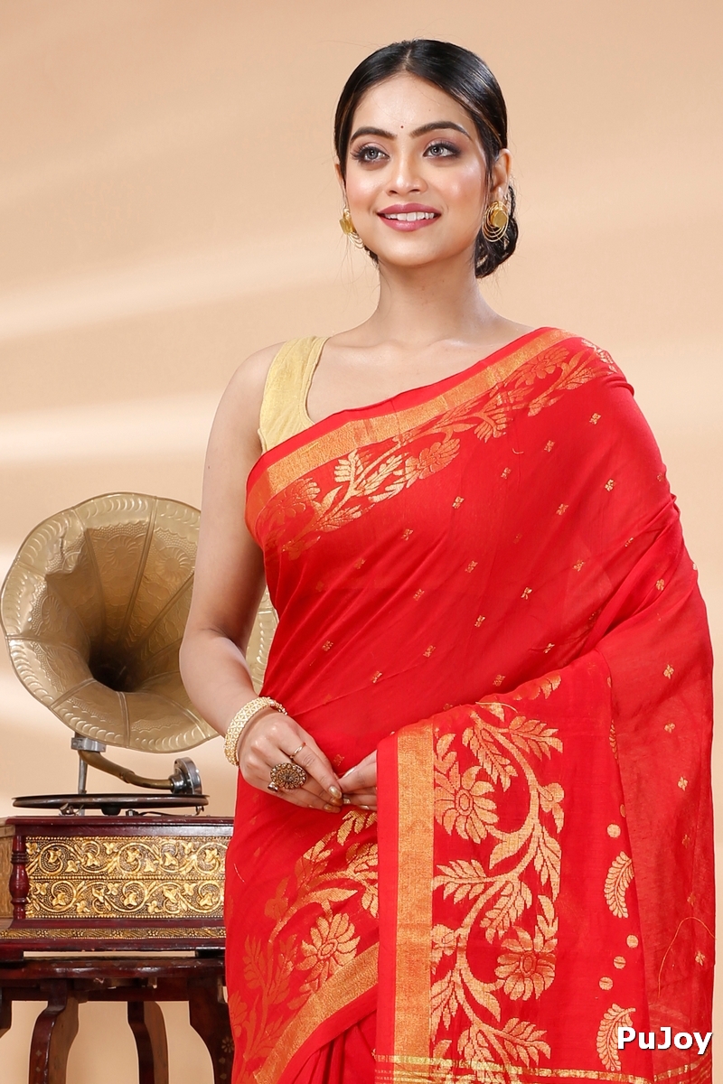 Red Blended Cotton Turik Hand Loom Saree (1248)
