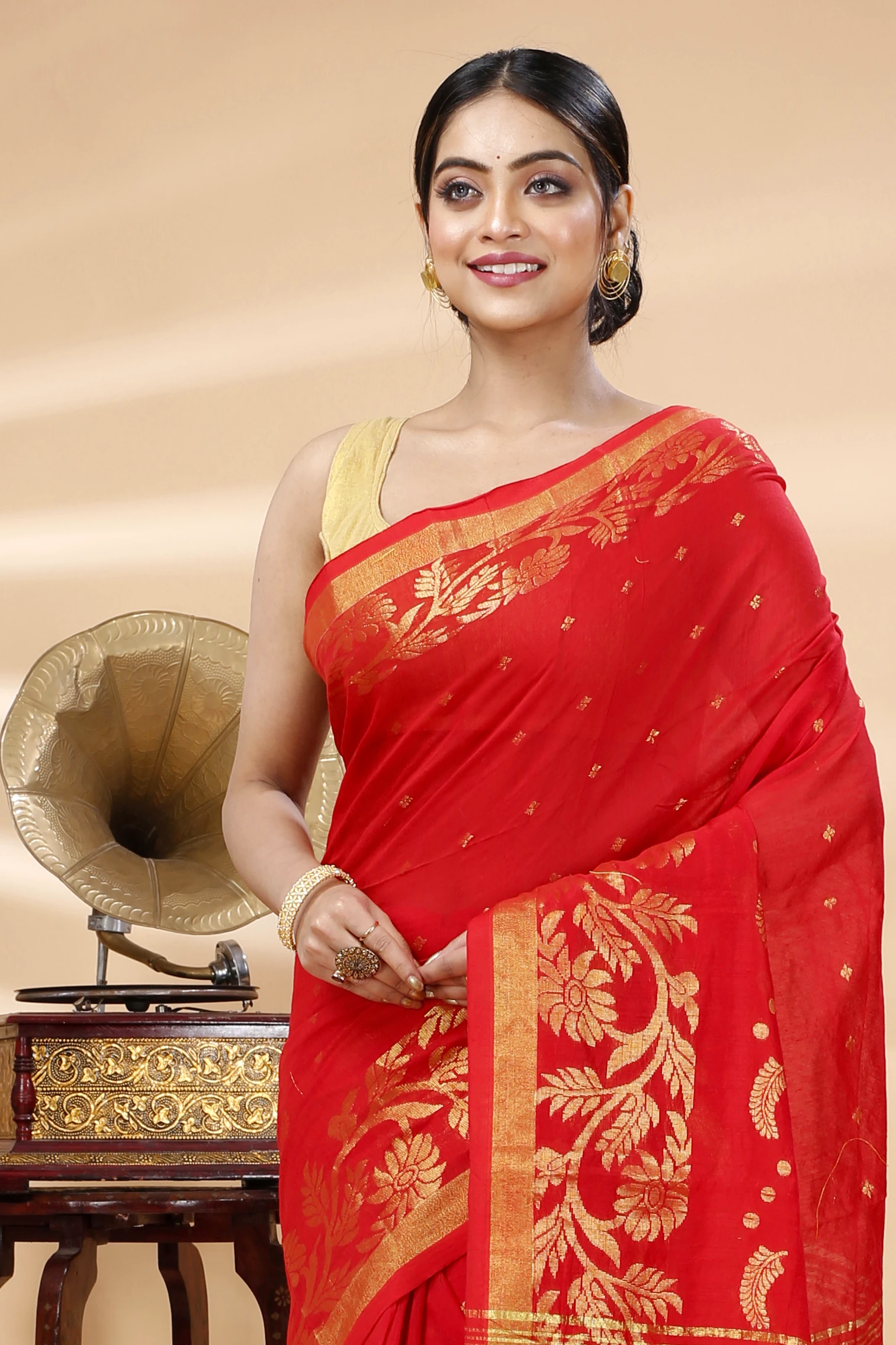 Red Blended Cotton Turik Hand Loom Saree (1248)