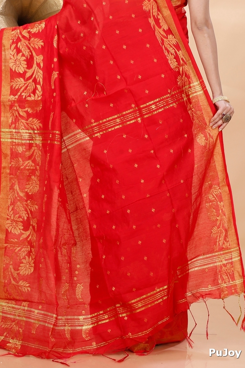 Red Blended Cotton Turik Hand Loom Saree (1248)