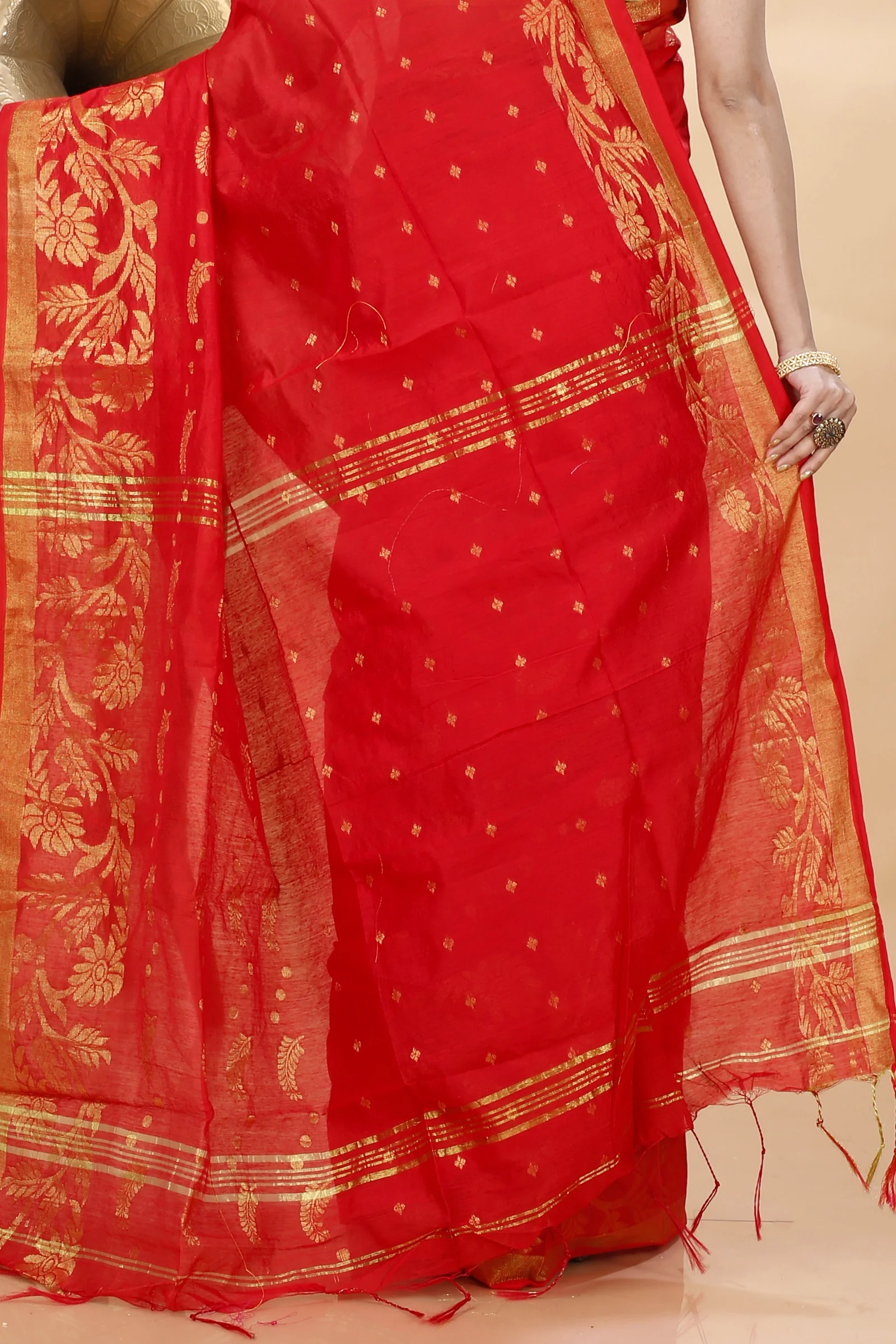 Red Blended Cotton Turik Hand Loom Saree (1248)