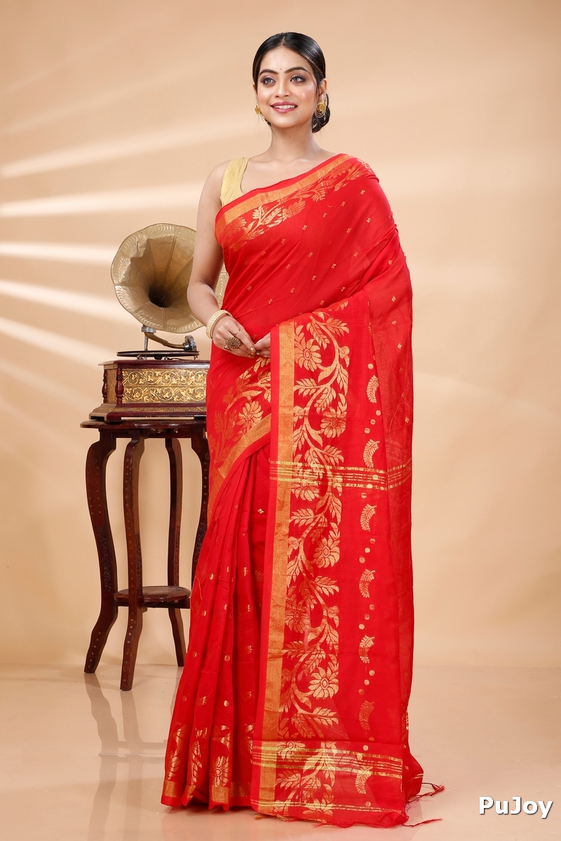 Red Blended Cotton Turik Hand Loom Saree (1248)