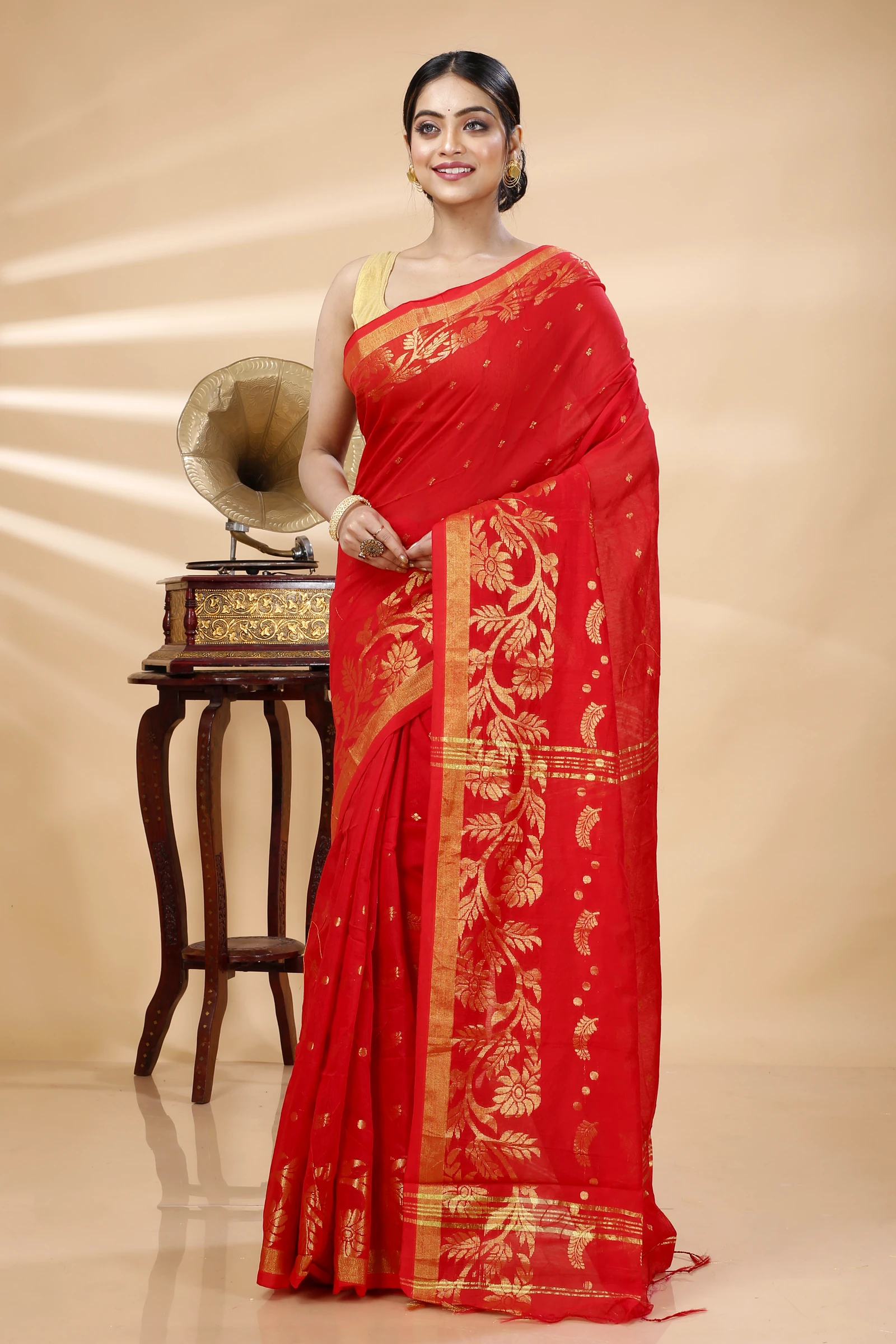 Red Blended Cotton Turik Hand Loom Saree (1248)