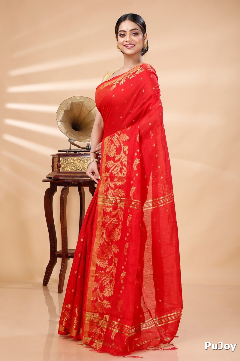 Red Blended Cotton Turik Hand Loom Saree (1248)
