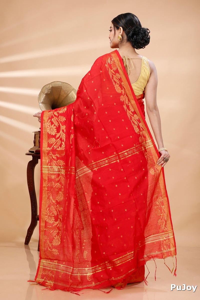 Red Blended Cotton Turik Hand Loom Saree (1248)