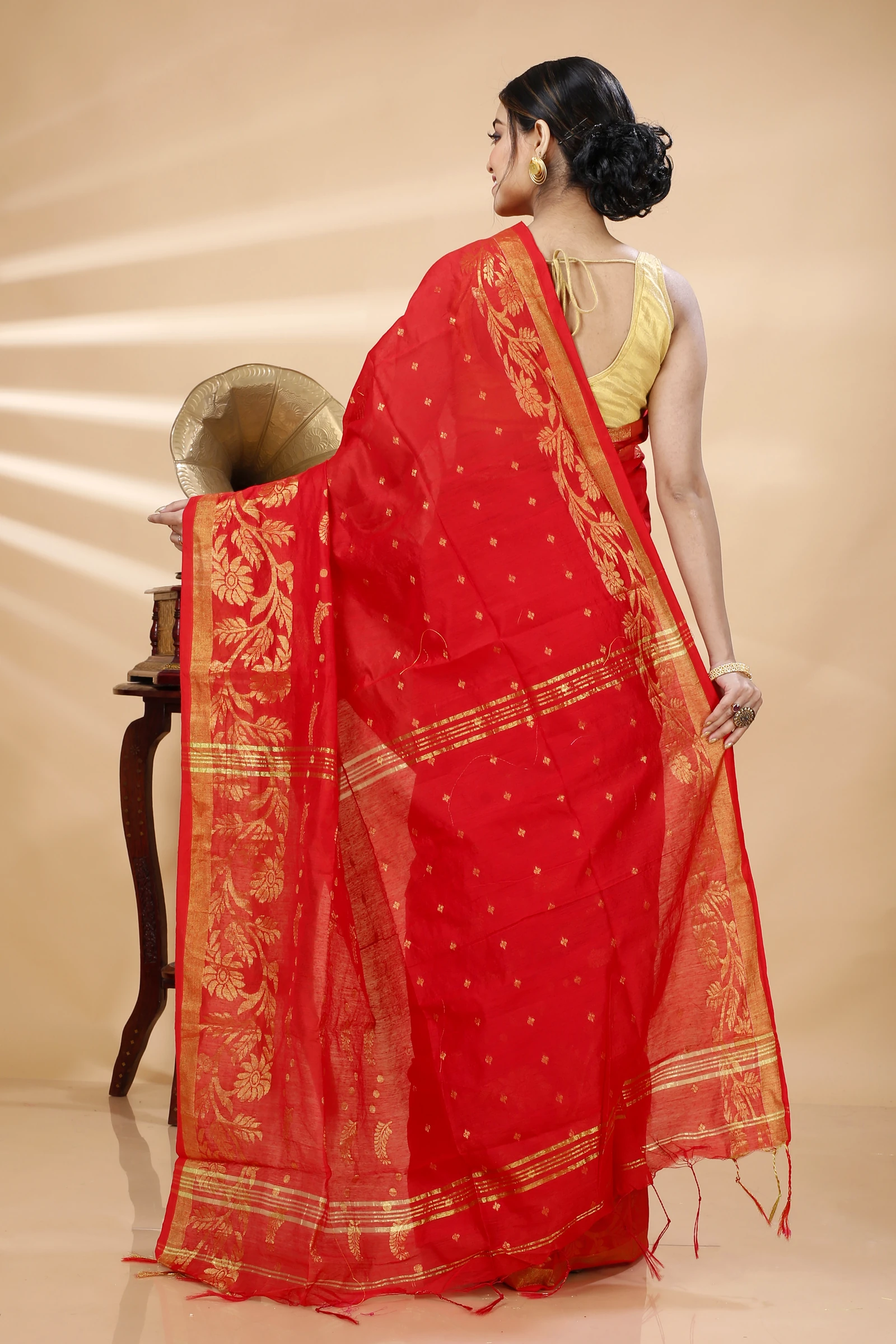 Red Blended Cotton Turik Hand Loom Saree (1248)