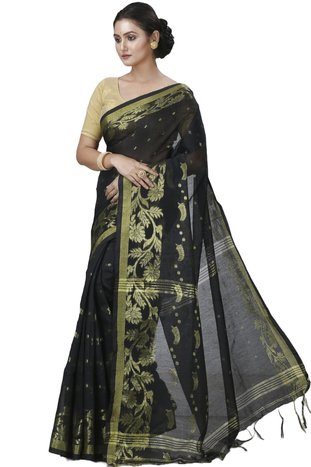 Black Blended Cotton Turik Hand Loom Saree (1249)