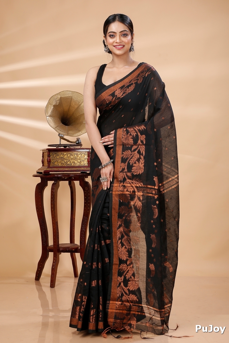 Black Blended Cotton Turik Hand Loom Saree (1249)