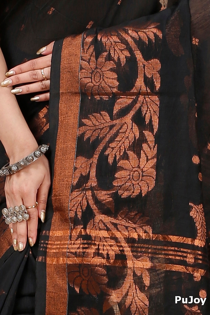 Black Blended Cotton Turik Hand Loom Saree (1249)