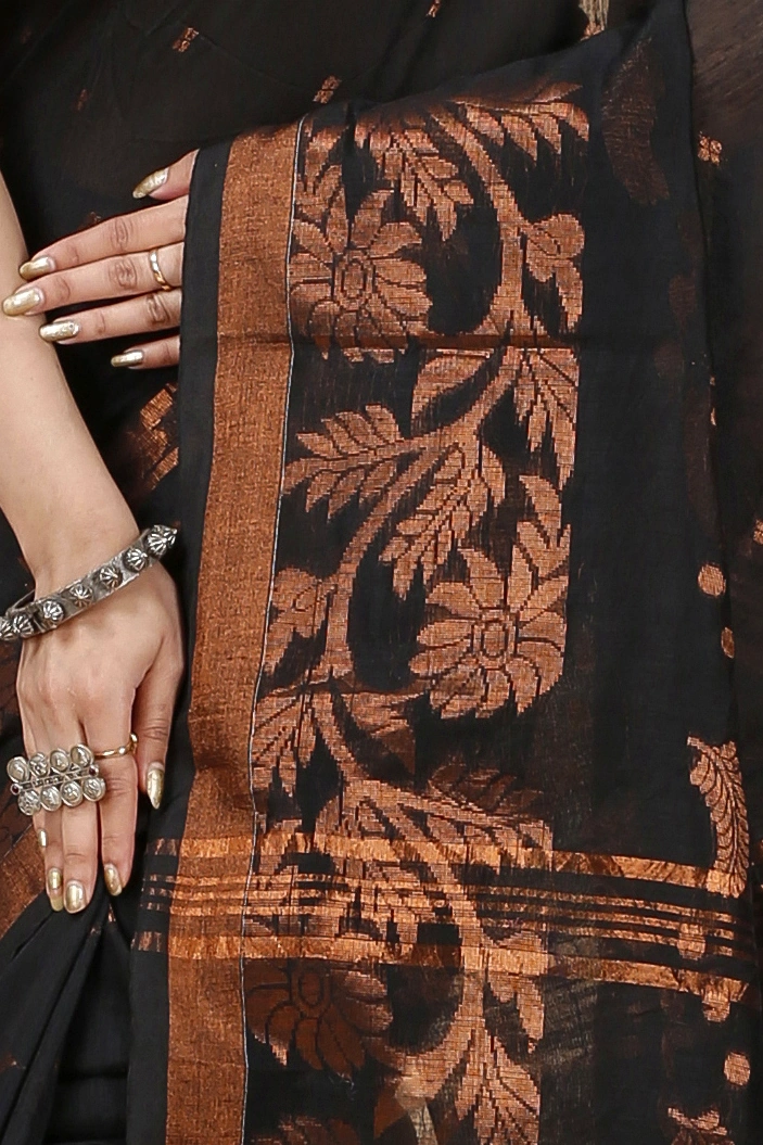 Black Blended Cotton Turik Hand Loom Saree (1249)