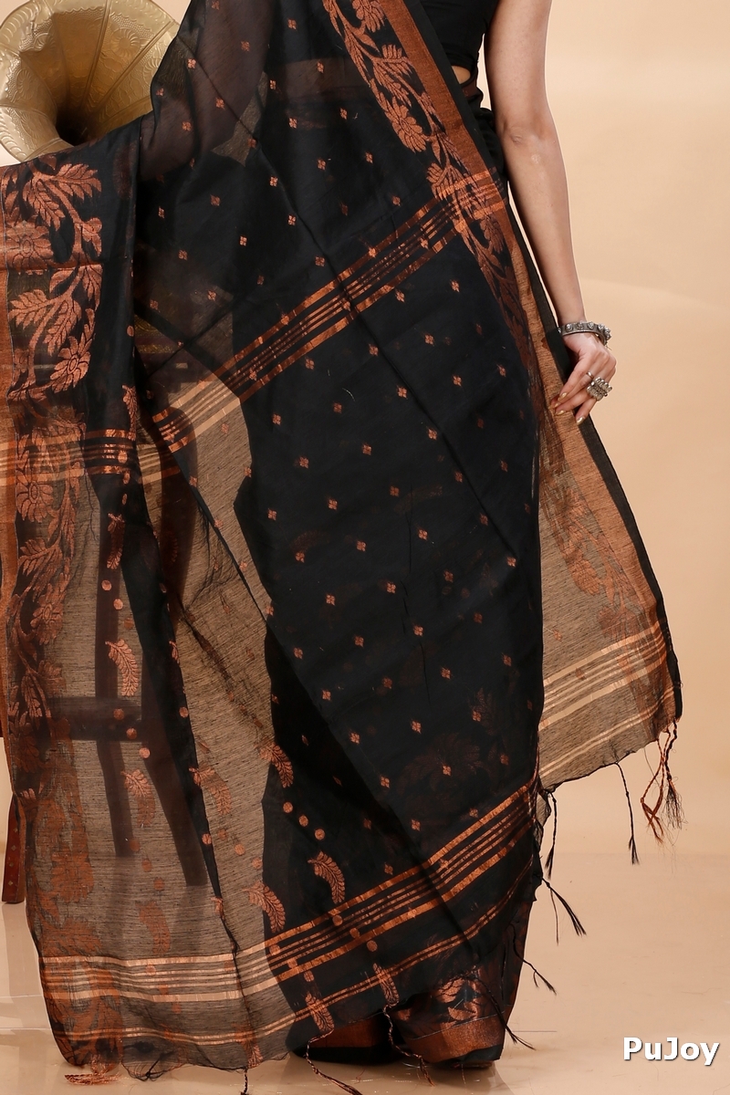 Black Blended Cotton Turik Hand Loom Saree (1249)