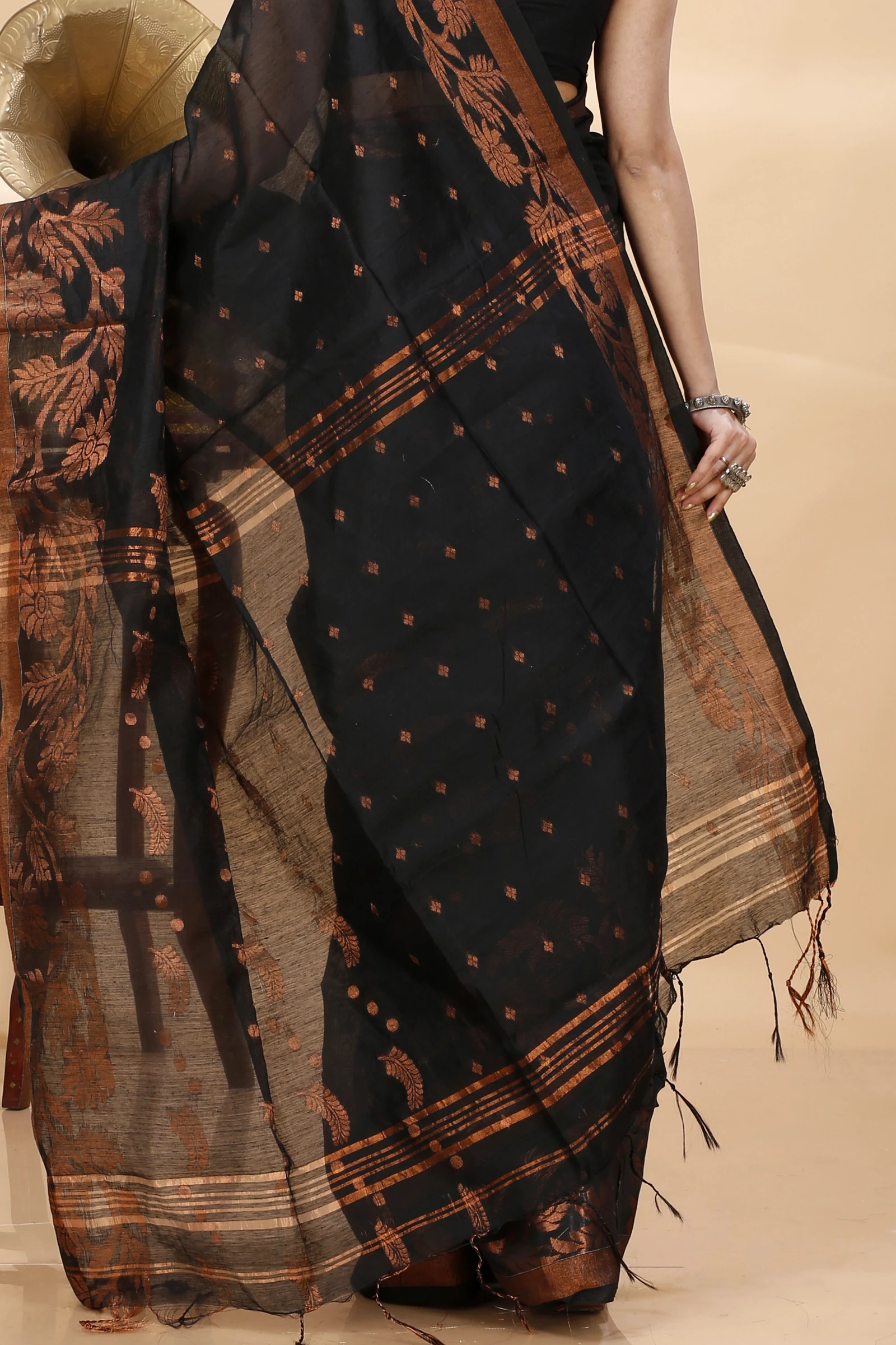 Black Blended Cotton Turik Hand Loom Saree (1249)