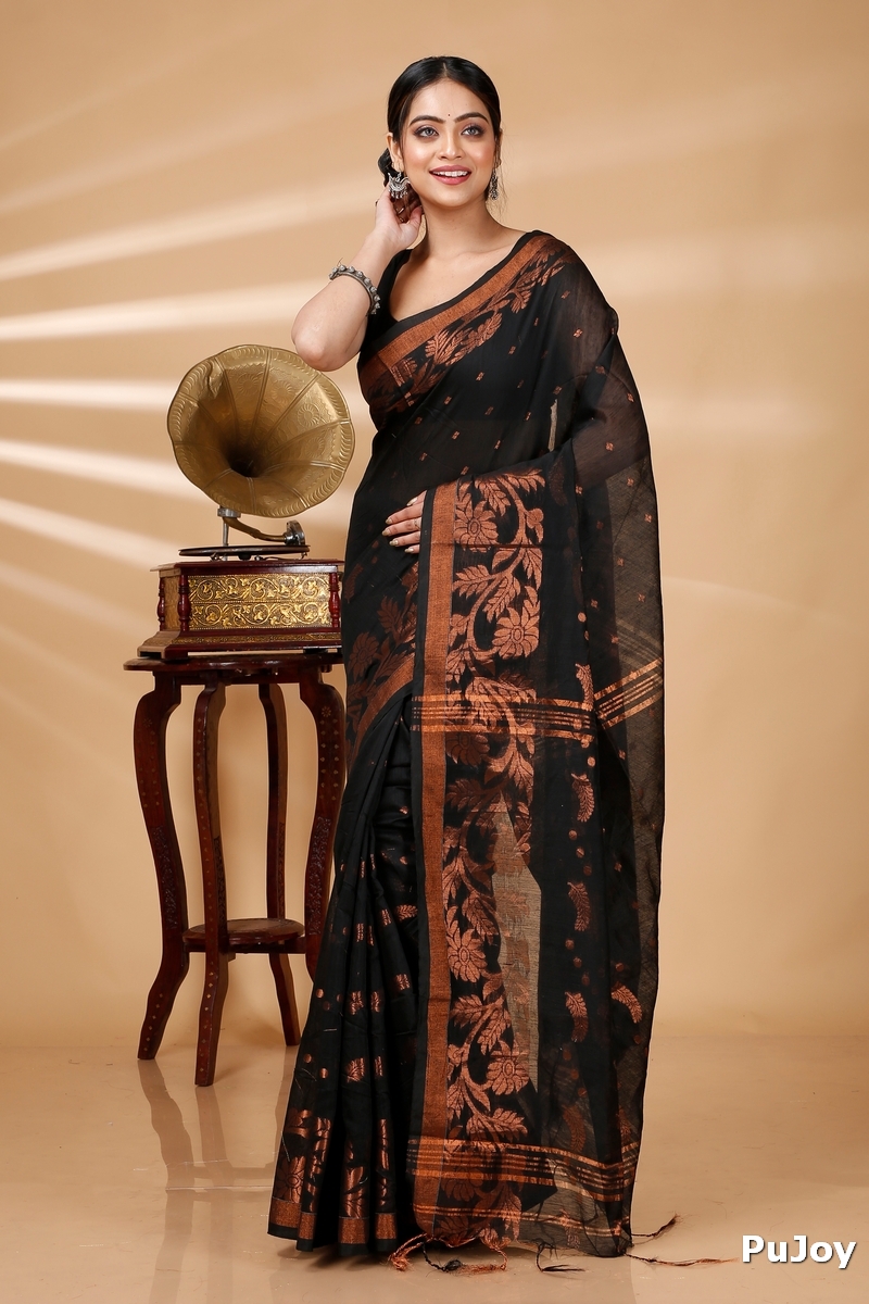 Black Blended Cotton Turik Hand Loom Saree (1249)