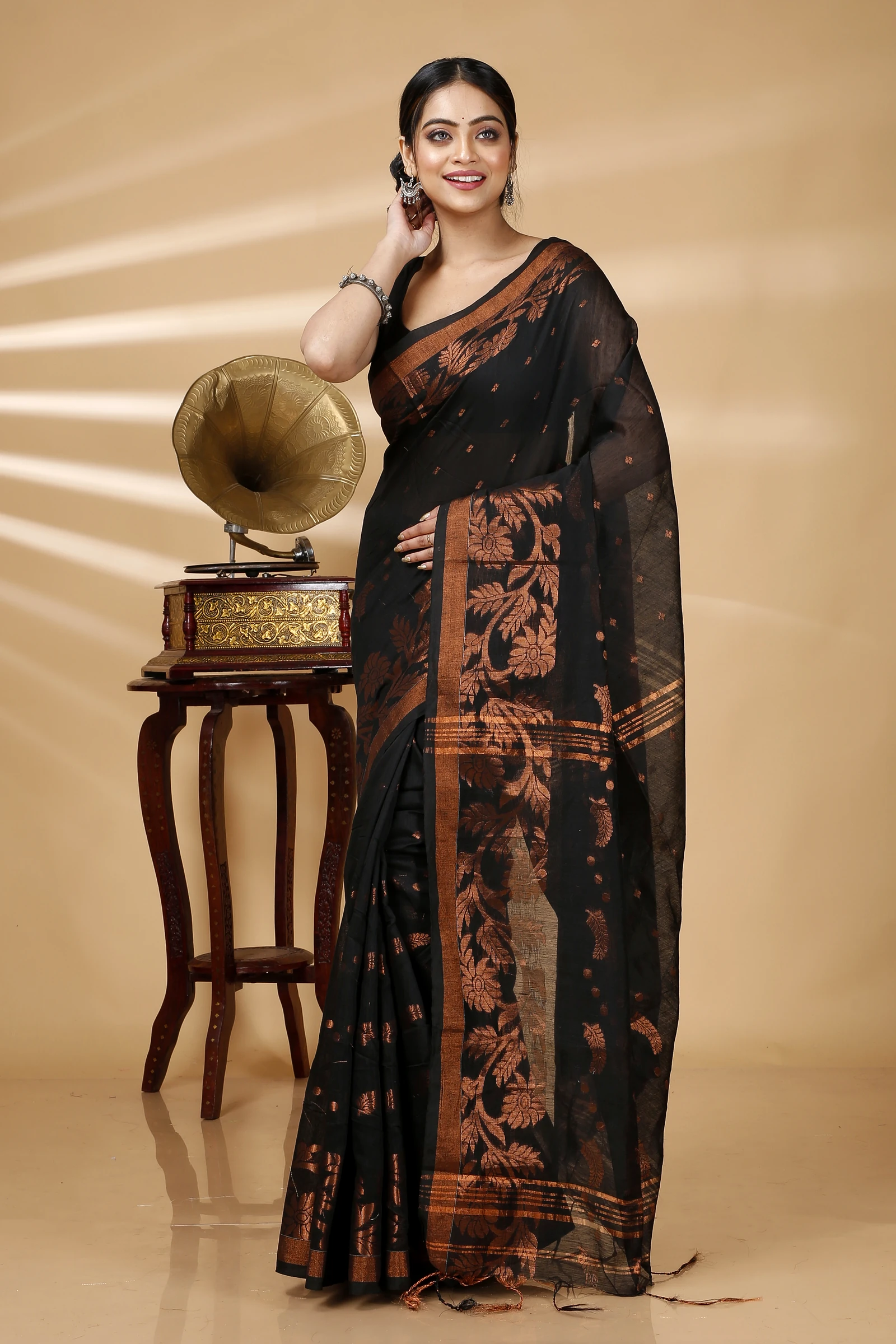 Black Blended Cotton Turik Hand Loom Saree (1249)