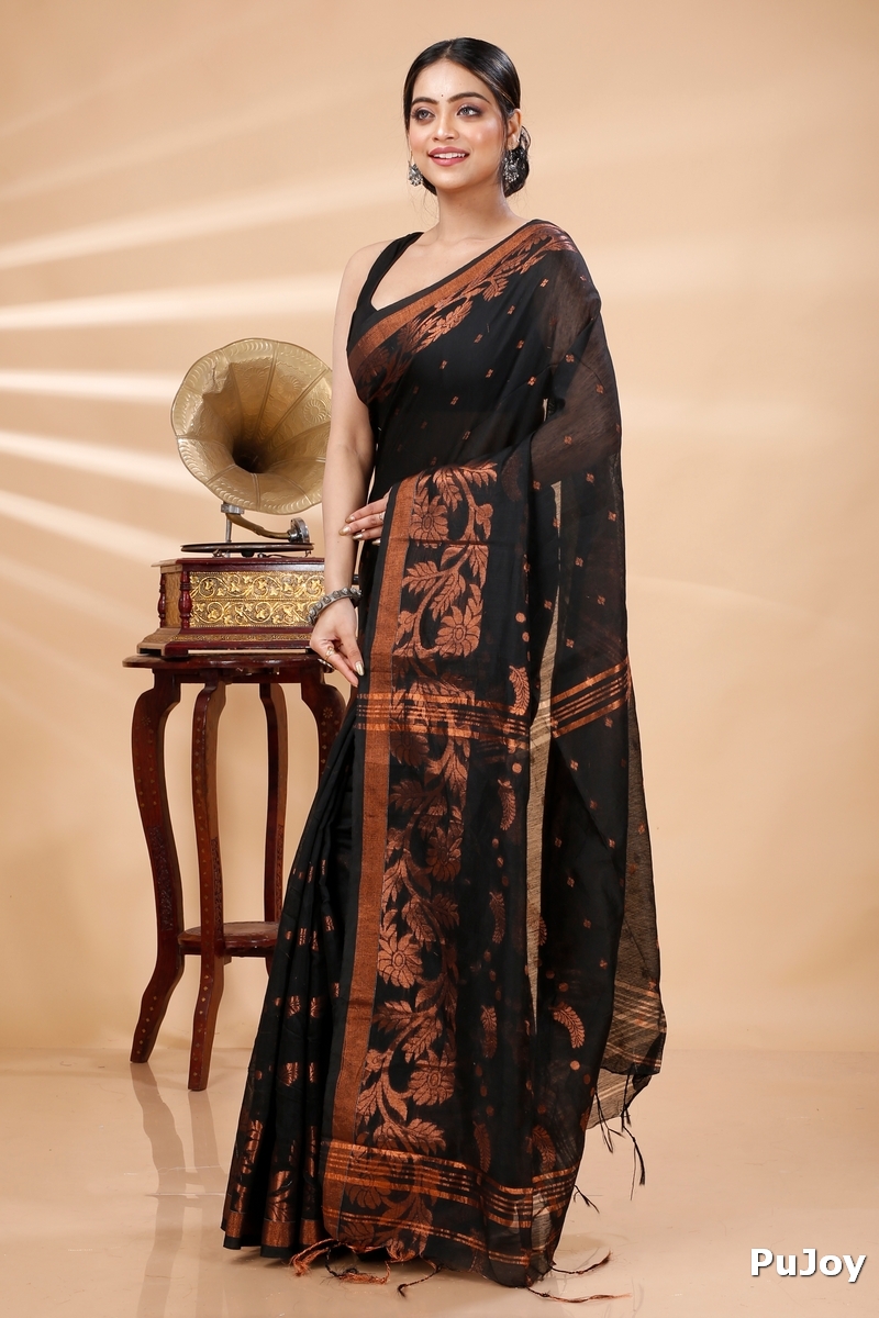 Black Blended Cotton Turik Hand Loom Saree (1249)