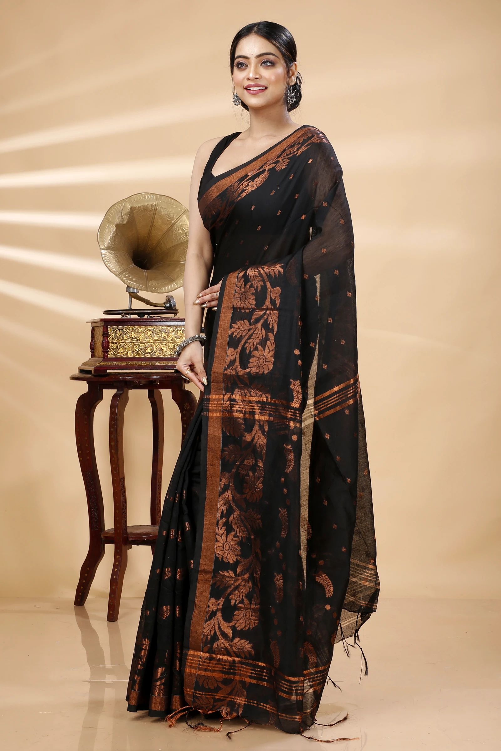 Black Blended Cotton Turik Hand Loom Saree (1249)