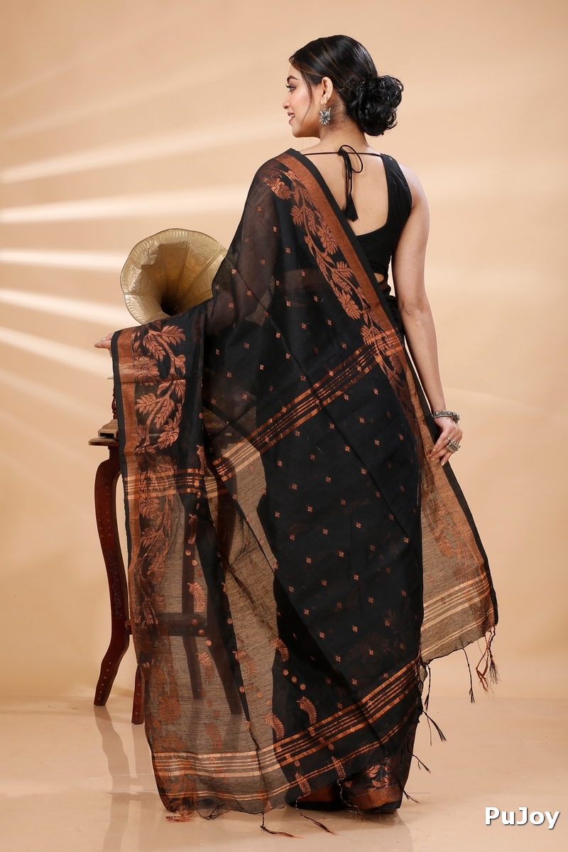 Black Blended Cotton Turik Hand Loom Saree (1249)
