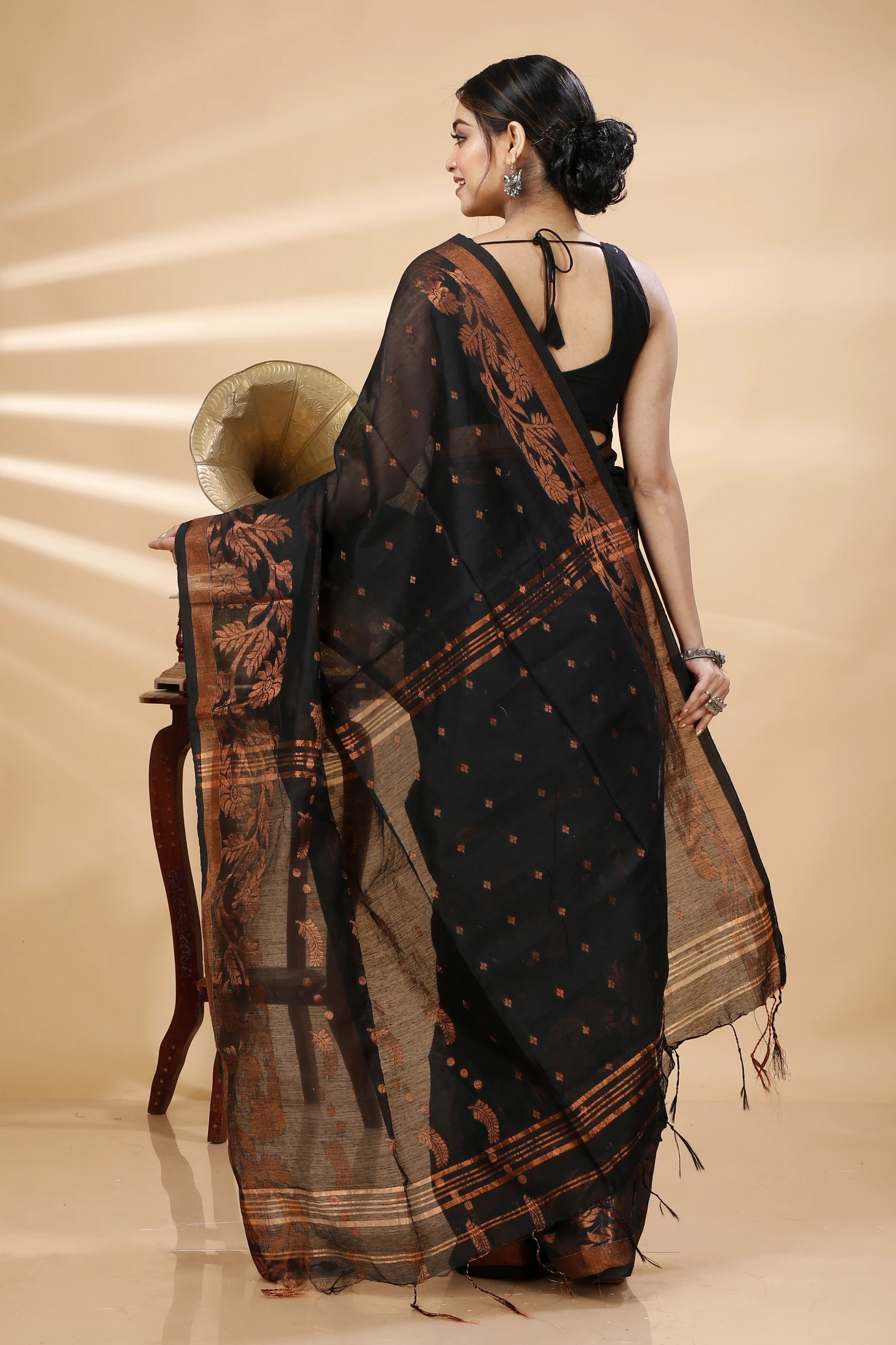 Black Blended Cotton Turik Hand Loom Saree (1249)