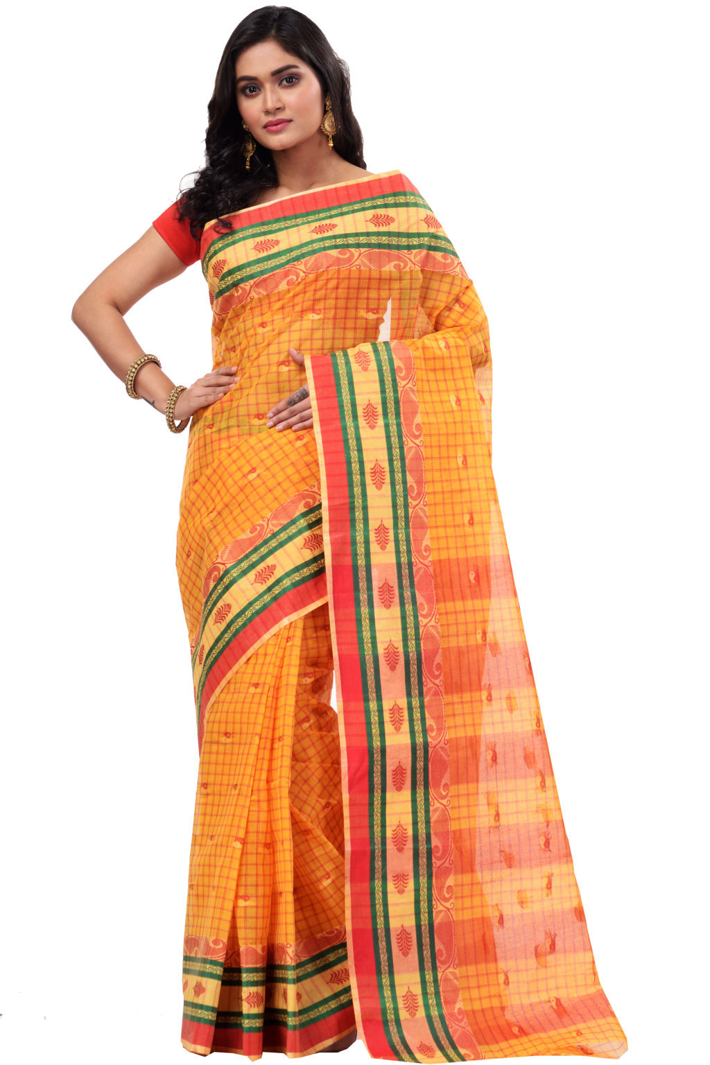 Yellow Pure Cotton ChakButi Tant Saree (125)