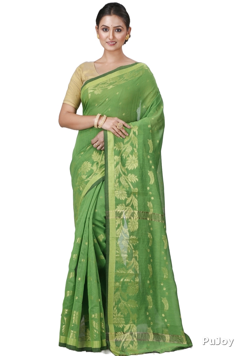 Green Blended Cotton Turik Hand Loom Saree (1250)