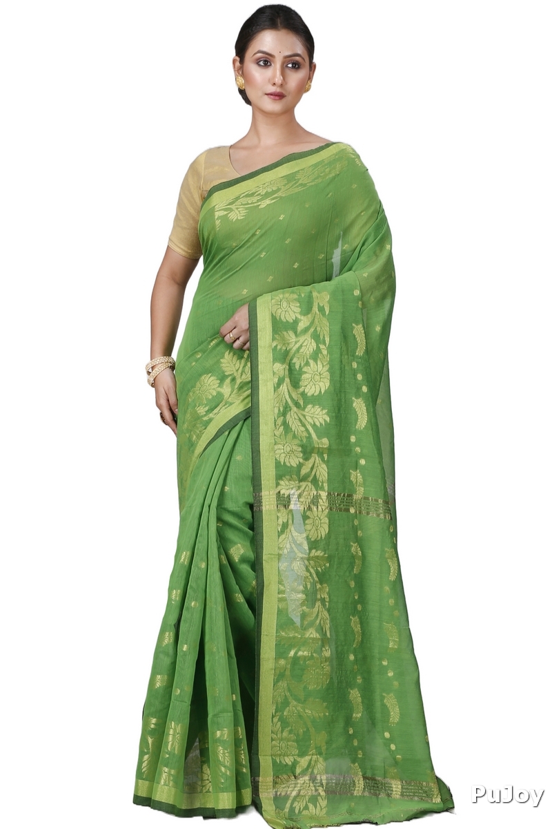 Green Blended Cotton Turik Hand Loom Saree (1250)