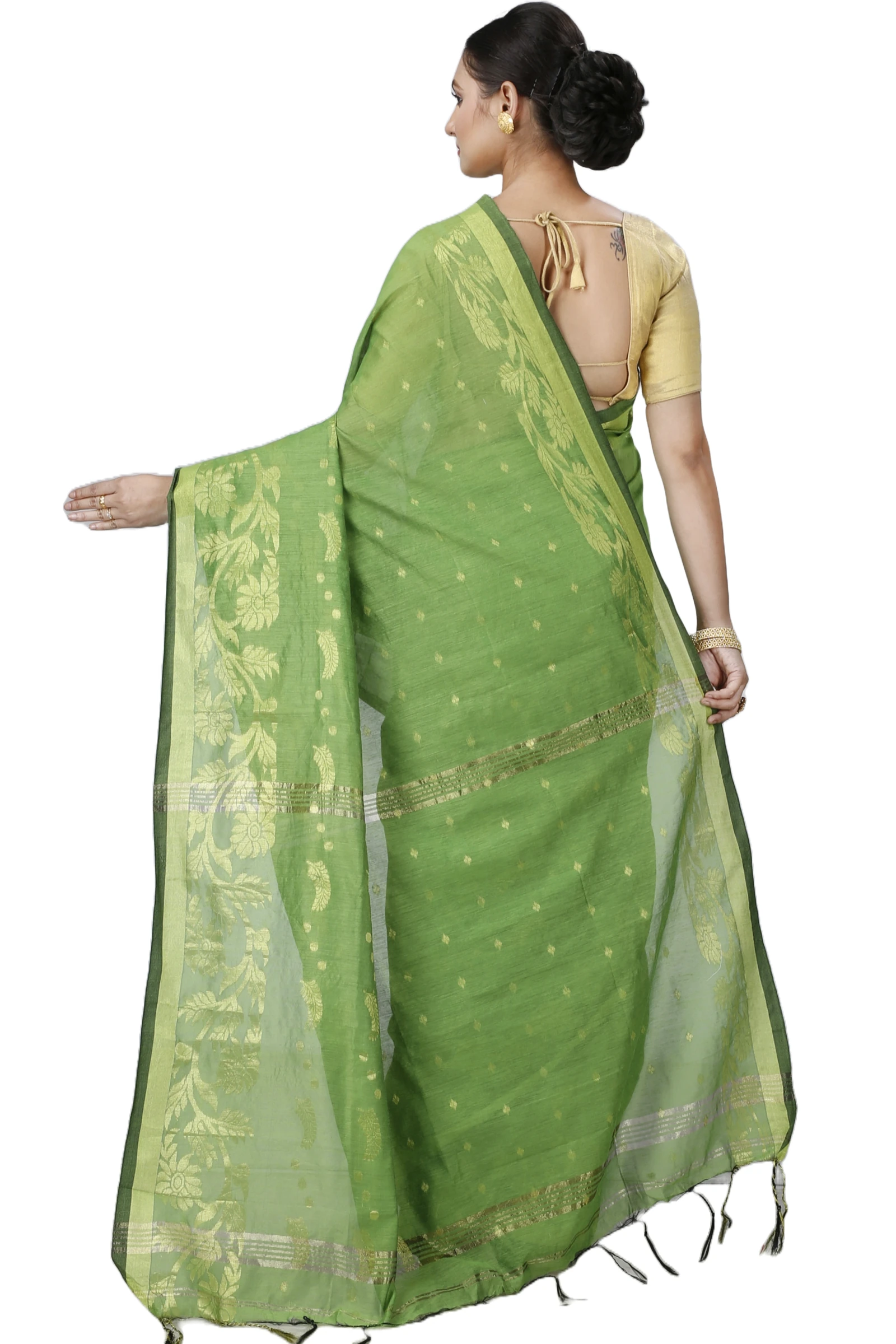 Green Blended Cotton Turik Hand Loom Saree (1250)